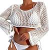 Women Cover Up Tops Round Neck Long Sleeve Hollow Fishnet Design Quick-Drying Breathable Blouse Loose Fit Beachwear