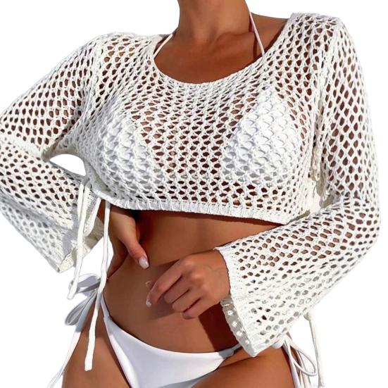 Women Cover Up Tops Round Neck Long Sleeve Hollow Fishnet Design Quick-Drying Breathable Blouse Loose Fit Beachwear