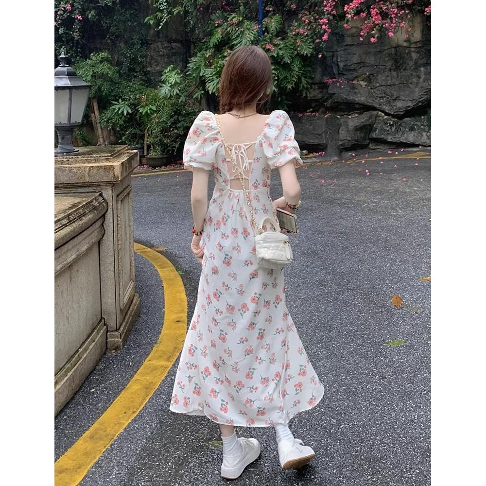 Женское французское платье «Первая любовь» с цветочным принтом, квадратным вырезом, юбкой «рыбий хвост», пышными рукавами и шнуровкой на спине