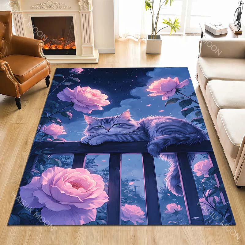 1PC Moonlit roses fence relaxed cat Carpet for Living Room Bedroom Sofa Home Decor Rus Non-slip Floor Mat Luxury Gift