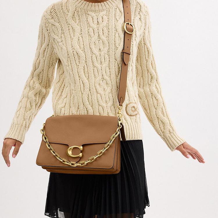 Coach Полосатая кожаная сумка-тоут через плечо 30 Женские сумки Медово-коричневая CY920-B4T7J
