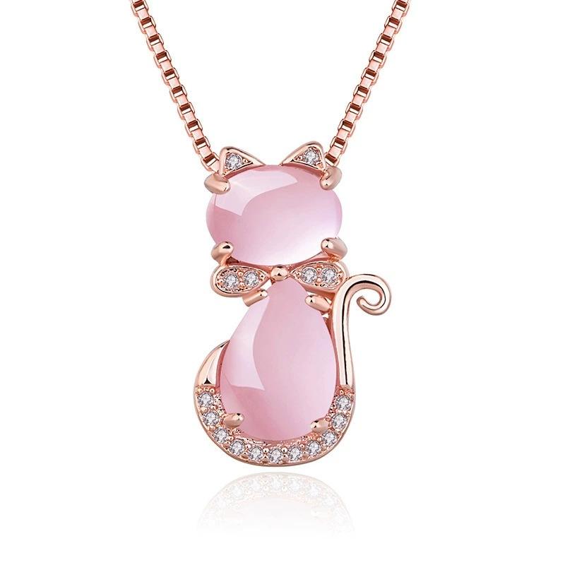 Korean-style necklace Platinum-plated/Rose Gold Natural Rose Quartz Crystal Cat Pendant for Women Clavicle Chain