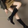 Spring and Autumn Fashionable Women's Boots New Pointed Toe Solid Color Rivet Side Zipper Square Heel Women's High Boots