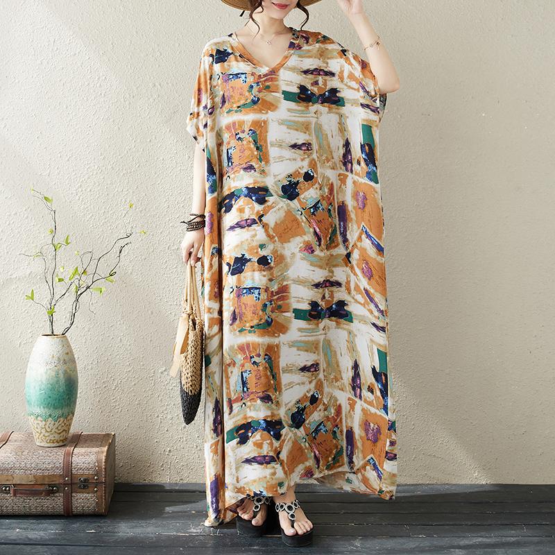 Dimanaf 2024 Plus Size Dress Women Summer V-Neck Sundress Bohemian Floral Print Loose Big Oversize Maxi Dress 5500