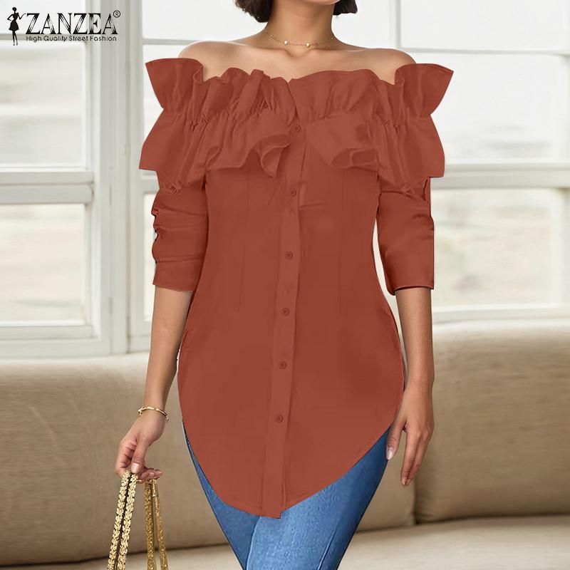 ZANZEA Women Casual Off Shoulder Long Sleeve Plain Blouse