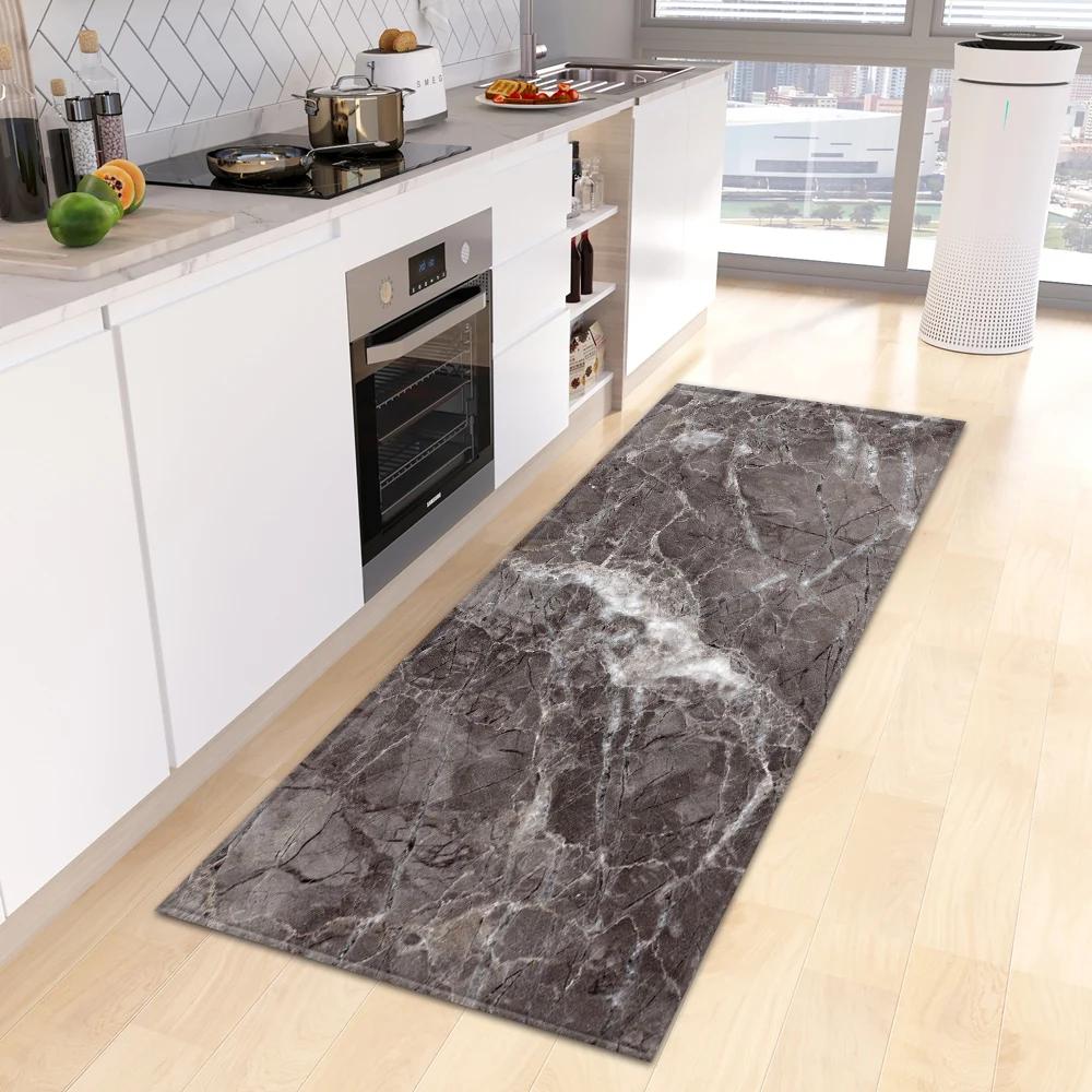 Marble Print Kitchen Runner Rug, Modern Gold Black Vein Non-Slip Water Oil Resistant Floor Mat