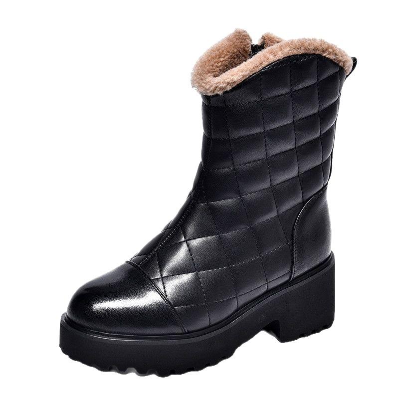 Coarse Heel Snow Boots Women's Soft Leather Korean Version Fleece Short Boots Women's Low Heel Medium Boots Winter Thickened Boots Wool Boots