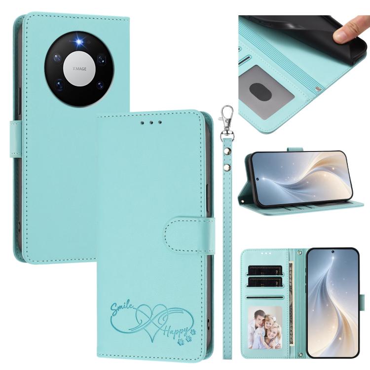 Happy Heart Pattern Magnetic Closure Vegan Leather Phone Case with Wrist Strap For Huawei Mate 60