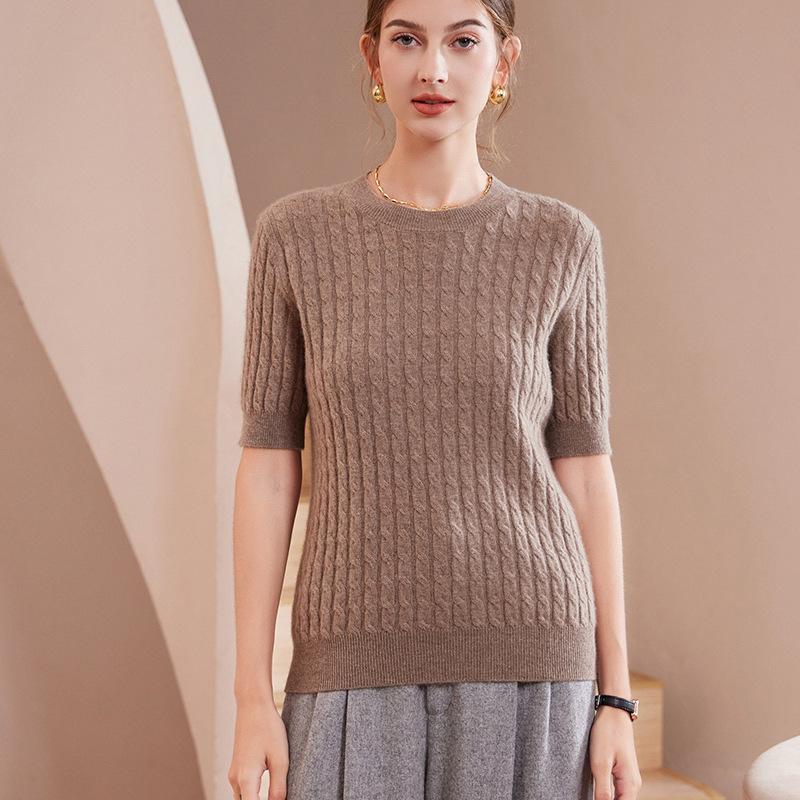 2024 A/W Women's Cashmere Round Neck Short Sleeve Hollow-Out Cable Knit Sweater Top