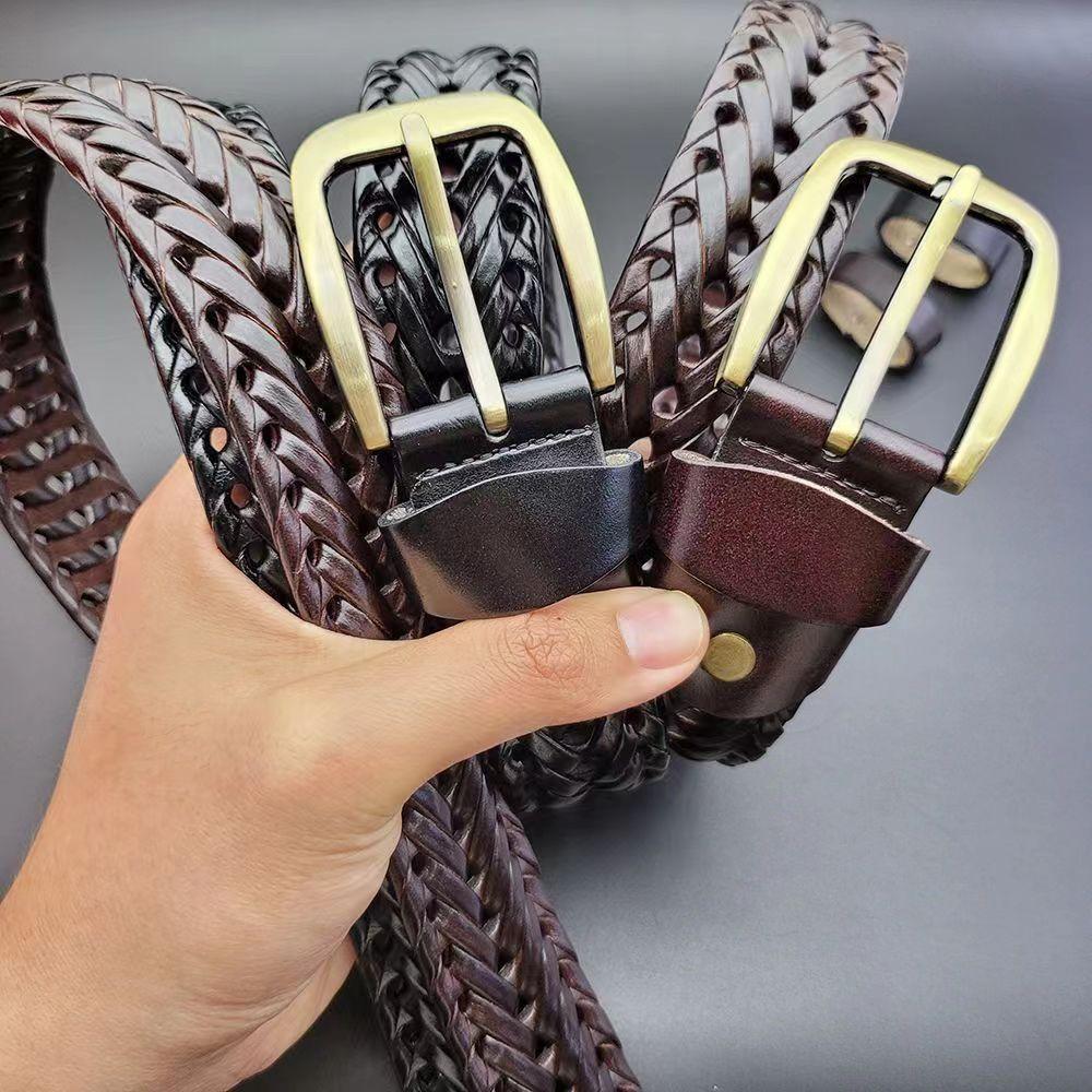 Handmade Leather Belt For Men With Oldstyle Buckle And Woven Pattern For Urban Casuals