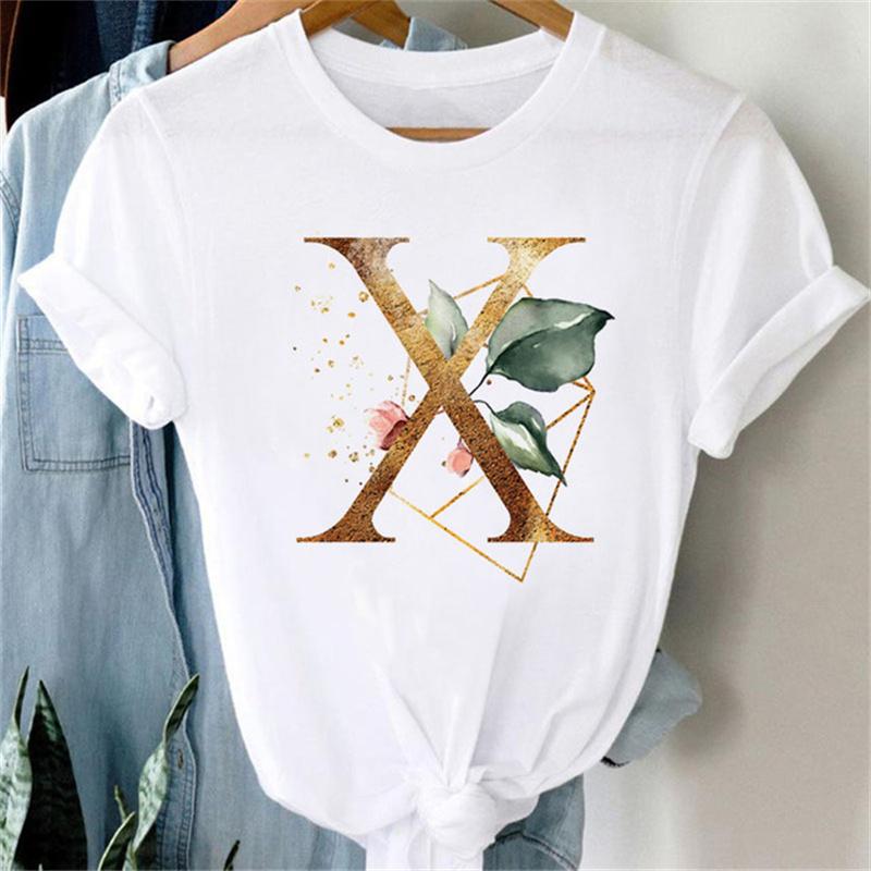 Custom Name Letter Combination Women T Shirt Floral Gold Letter Font A B C D Print Short Sleeve Tee Tops Female T-shirt Clothes
