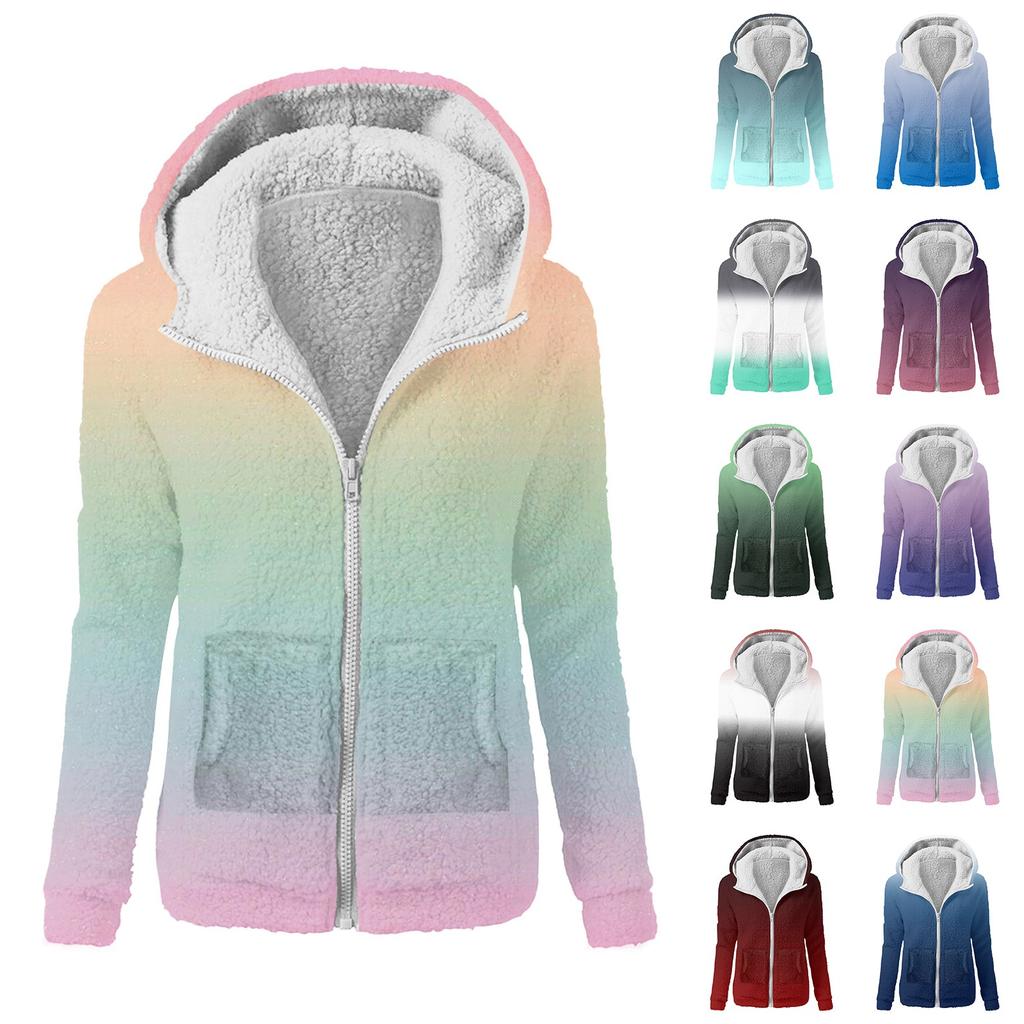 Women's Fashion Printing Sweatshirt Loose Hooded Plush Zip Up Jacket Top