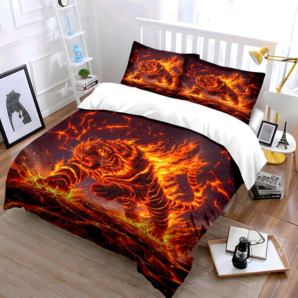 Fiery Tiger with Lava Design Bedding Duvet Cover Set (1*Duvet Cover 2*Pillowcases, without duvet insert)