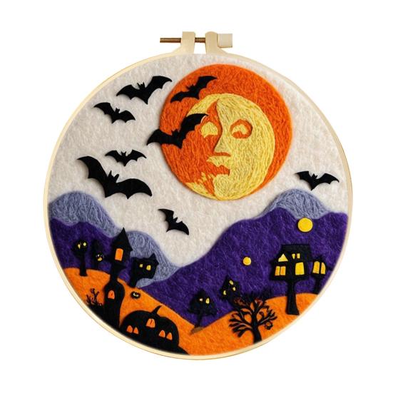 Halloween Needle Felting Kit Beginner Felt Craft Set DIY Felt Painting with Faux Wool Needle Frame Stamped Fabric for Adults Handcraft Lovers