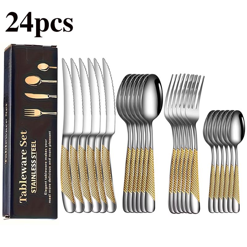 24pcs Stainless Steel Tableware Set, Including Knife, Fork, Spoon and Coffee Spoon Gift Box, Dishwasher Safe