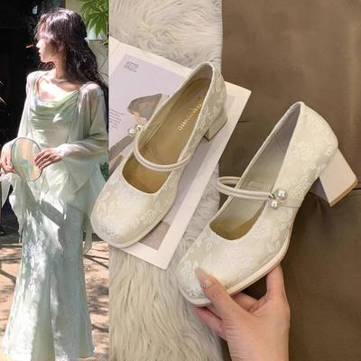 Весенние китайские туфли ципао 2025: Женские туфли на толстом каблуке, универсальные туфли на высоком каблуке для сочетания с юбкой