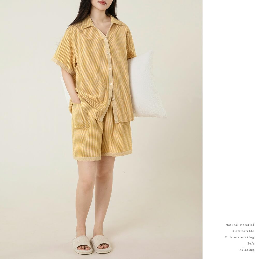 Да Семейный Пижамный Шорт из Двойной Марли Передняя Клетка Размер Желтый Женский Комплект, 100% Хлопок, Рукава, Разрез, Рисунок, XL,