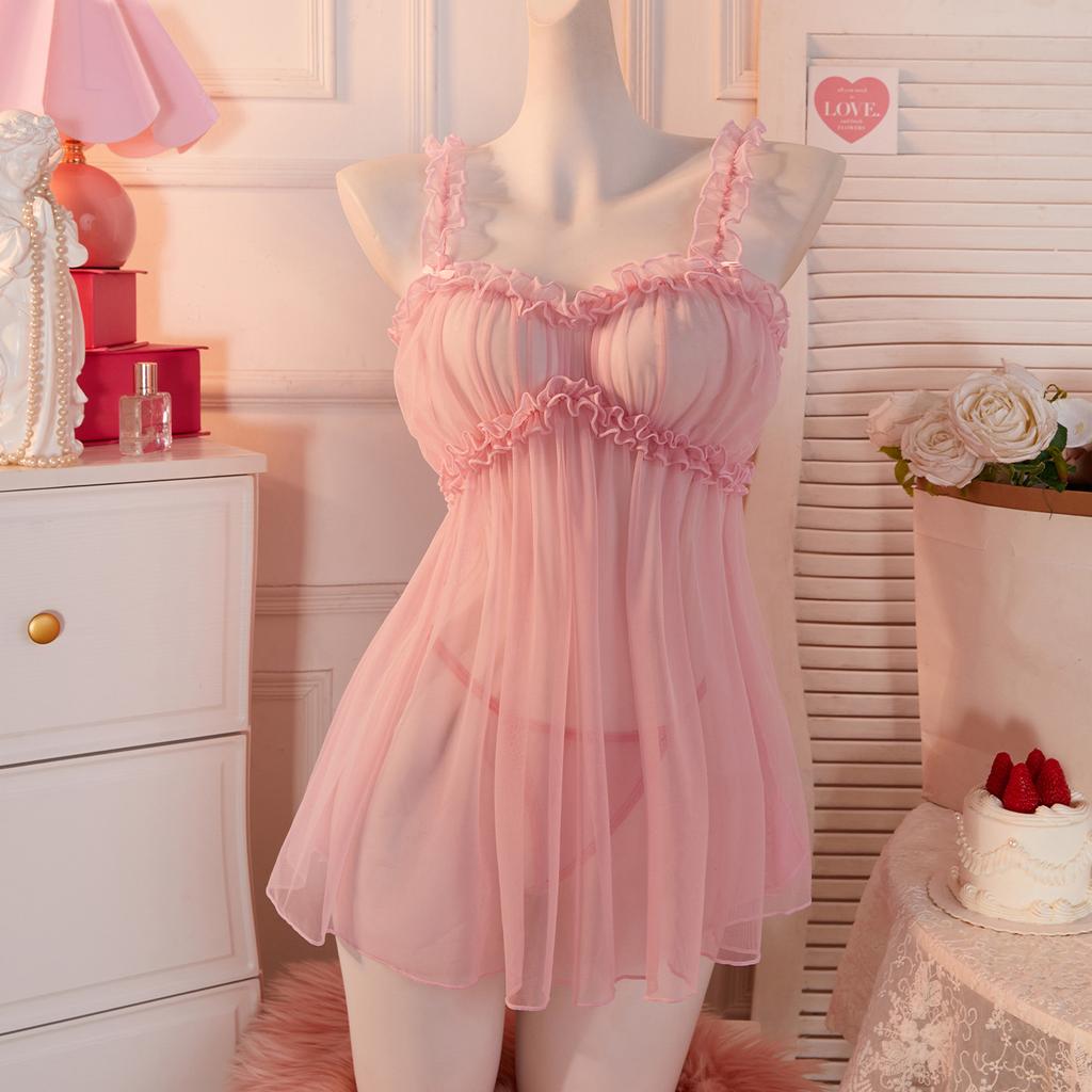 Sexy Babydoll Dress Women Lingerie See-through Sling Wedding Nightdress And T-back Set Elegant Cute Sleepwear For Date Surprise