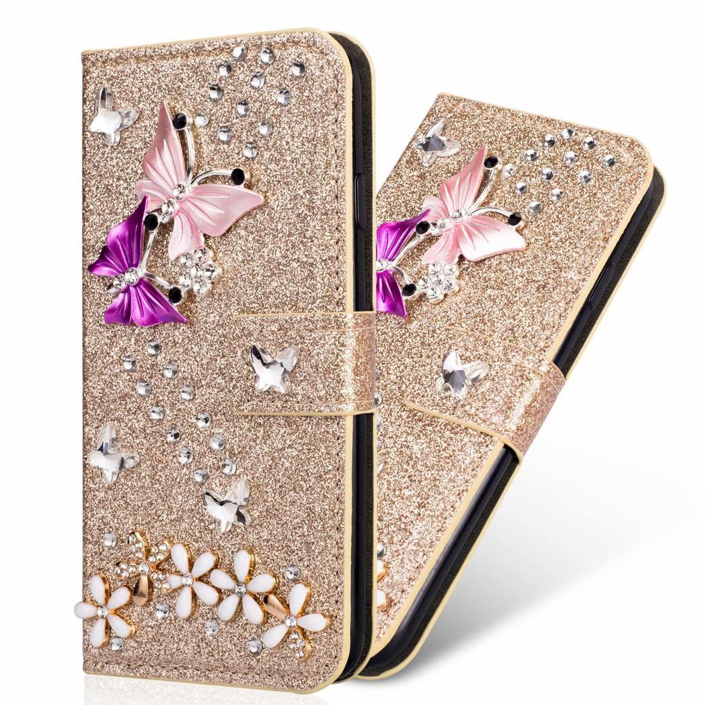 Applicable to iPhone17ProMax colorful butterfly diamond mobile phone case Apple 16 leather case glitter butterfly point diamond protective case
