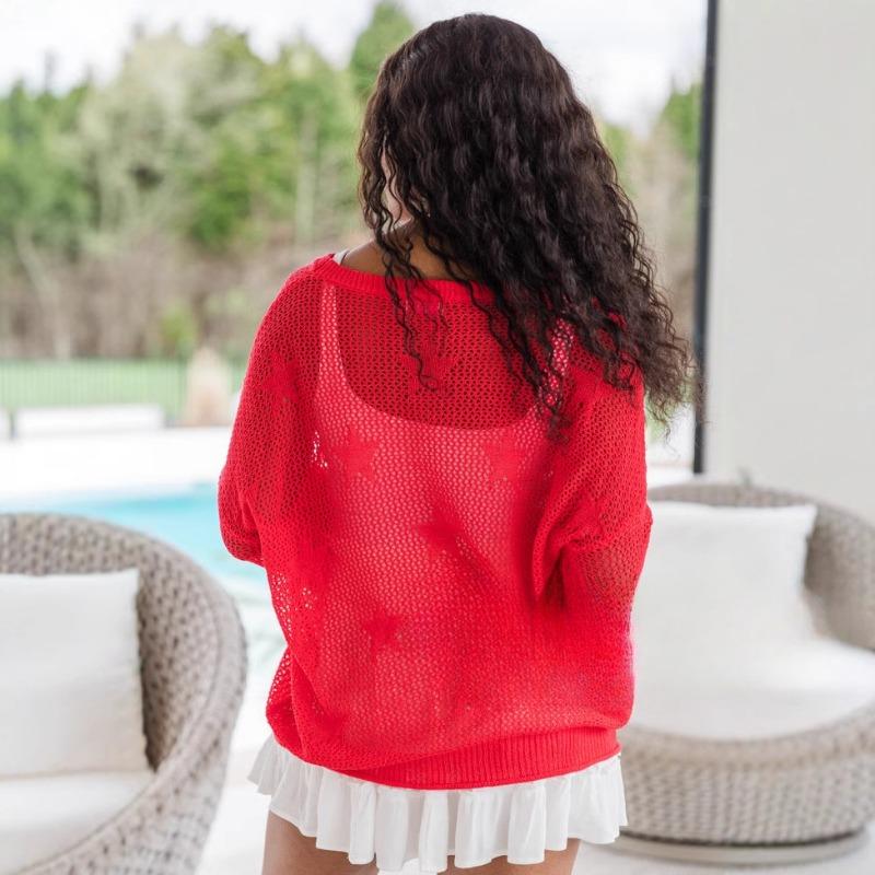 Плюс размер Женский летний новый круглый вырез пуловер пляжный халат трикотажный топ с пятиконечной звездой