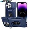 KEYSION Противоударный чехол для iPhone 15 Pro Max 15 Plus Slide Camera Protection Ring Stand Phone Cover для iPhone 12 13 14 Pro Max