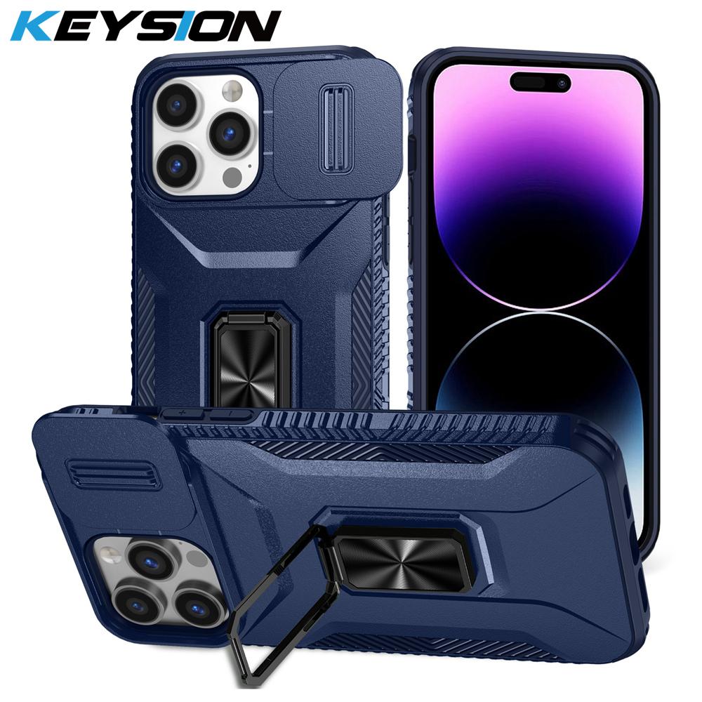 KEYSION Противоударный чехол для iPhone 15 Pro Max 15 Plus Slide Camera Protection Ring Stand Phone Cover для iPhone 12 13 14 Pro Max