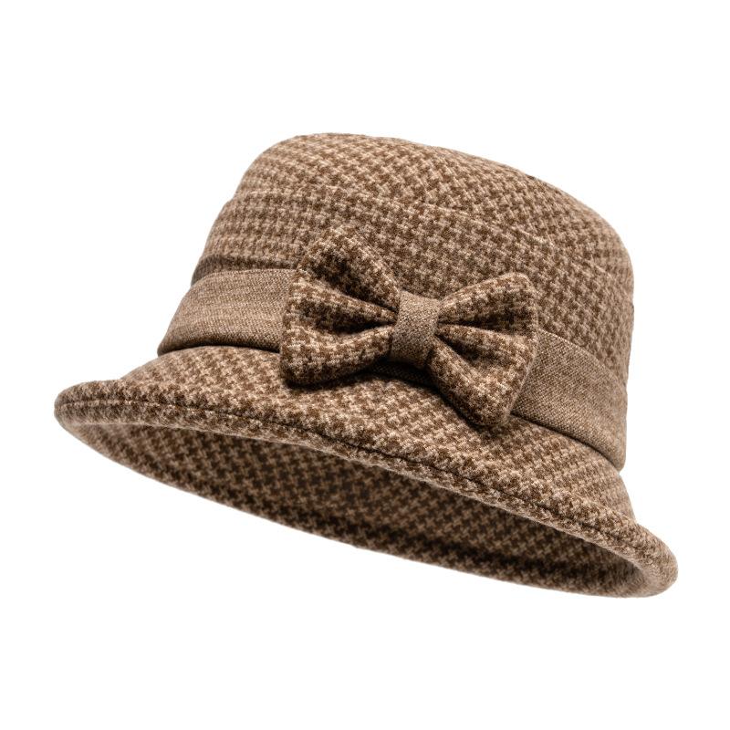 Осенне-зимняя шляпа рыбака среднего возраста, женская шерстяная толстая теплая шляпа с бантом, шляпа в клетку для мам