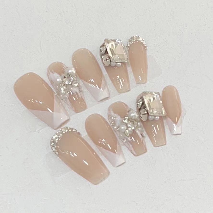 Wearing Armor Pure Handmade Pure Desire Nude Color French Side Flash Diamond Plaster Nail Art Can Be Detached