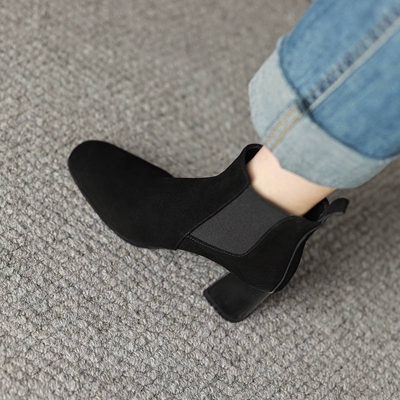Krazing Pot Cow Suede Winter Round Toe Thick High Heels Modern Boots Women Slip On Office Lady Big Size 42 Ankle Boots