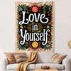 Boho Inspirational Quote Wall Tapestry Love in Yourself Retro Sun Moon Floral Frame Black Cream Decor for Bedroom Living Room