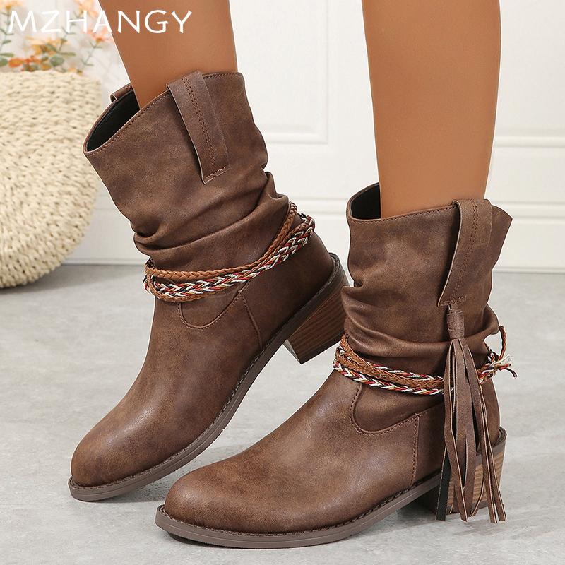 Fashion Pointed Toe Women Snow Ankle Boots Tassels Mid Heels Shoes Leather Chelsea Boots Winter 2024 Trend Chunky Goth Botas De Mujer
