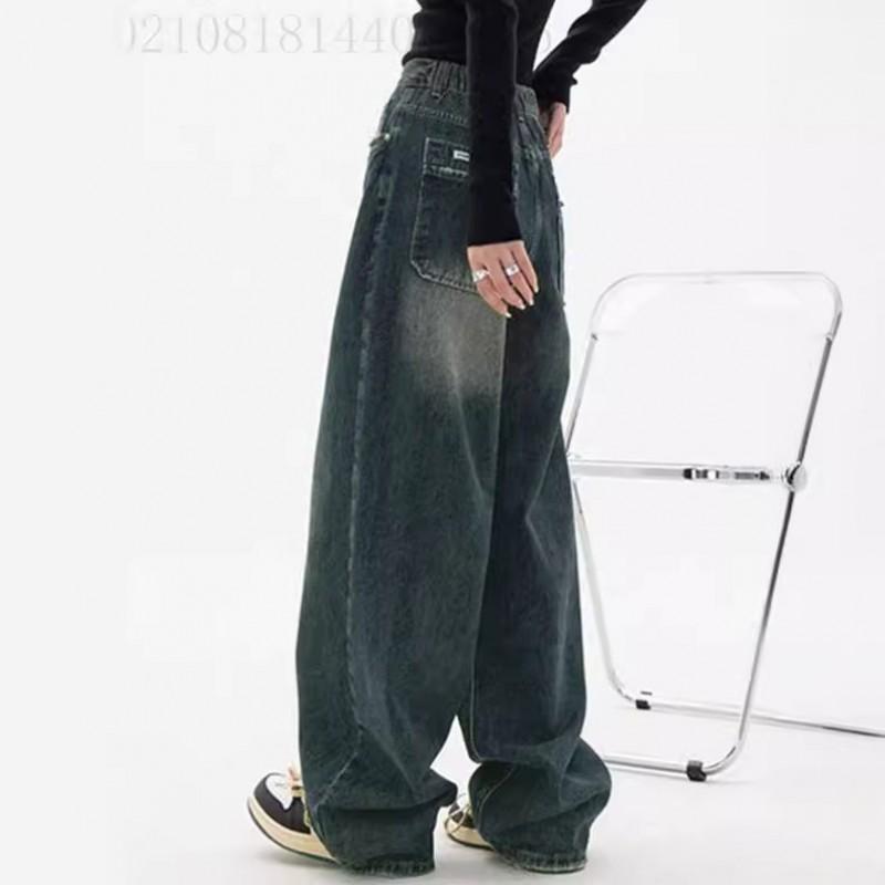 Womens High-Waisted Wide-Leg Straight Jeans Loose Fit Vintage Washed Denim Pants Casual Office Wear