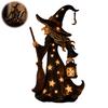 Decorative Night Light Halloween Witch Lamp Up Figurine with Broom And Lantern Gothic Resin Table Decor Spooky for Tabletop Indoor Home Vintage