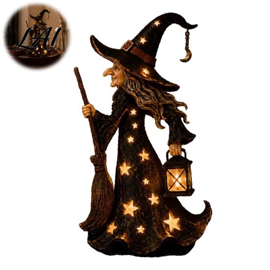 Decorative Night Light Halloween Witch Lamp Up Figurine with Broom And Lantern Gothic Resin Table Decor Spooky for Tabletop Indoor Home Vintage