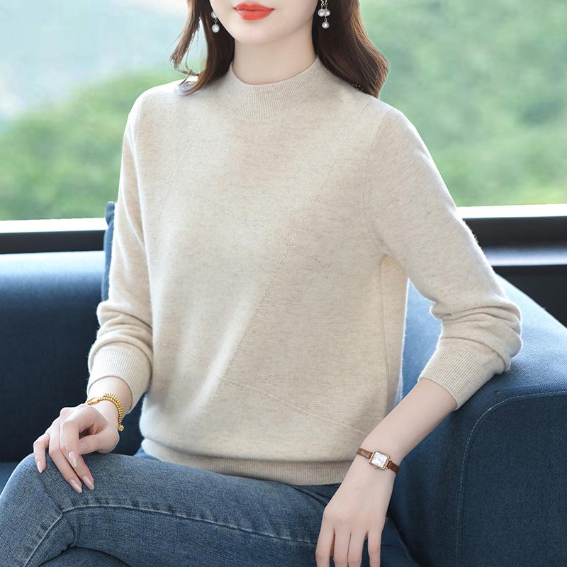 Puyuan Women's Pure Wool Half-High Neck Sweater - Autumn/Winter Solid Color Knit Base Layer for Moms