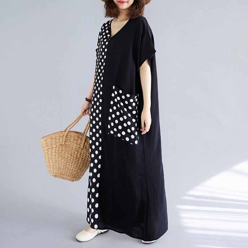 Короткий рукав Плюс размер Черный винтажный пэчворк горошек новые платья для женщин повседневное свободное длинное летнее платье