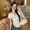 Summer New Korean Version of Shoulder Button Design Embroidery Short-sleeve T-shirt Female Slim-fit Student V-neck Top Trend