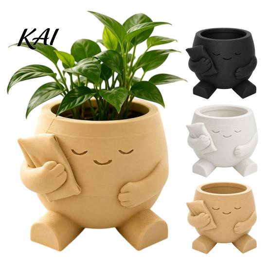 Healing Home Decor Ornament 3D Printed Cute Character Succulent Planter, Sleepy Face Flower Pot with Decorative Holder Pillow, Mini Desktop