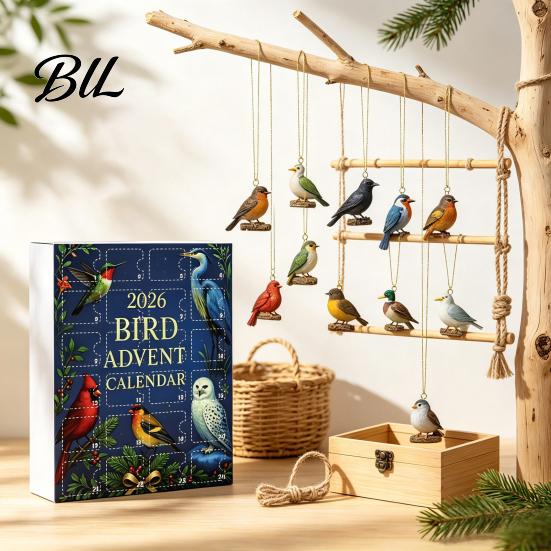 Christmas Window Decorations Bird Themed Advent Calendar, 24Pcs Acrylic 2D Ornament Set with Daily Calendar Box Hanging String, Tree Decor,