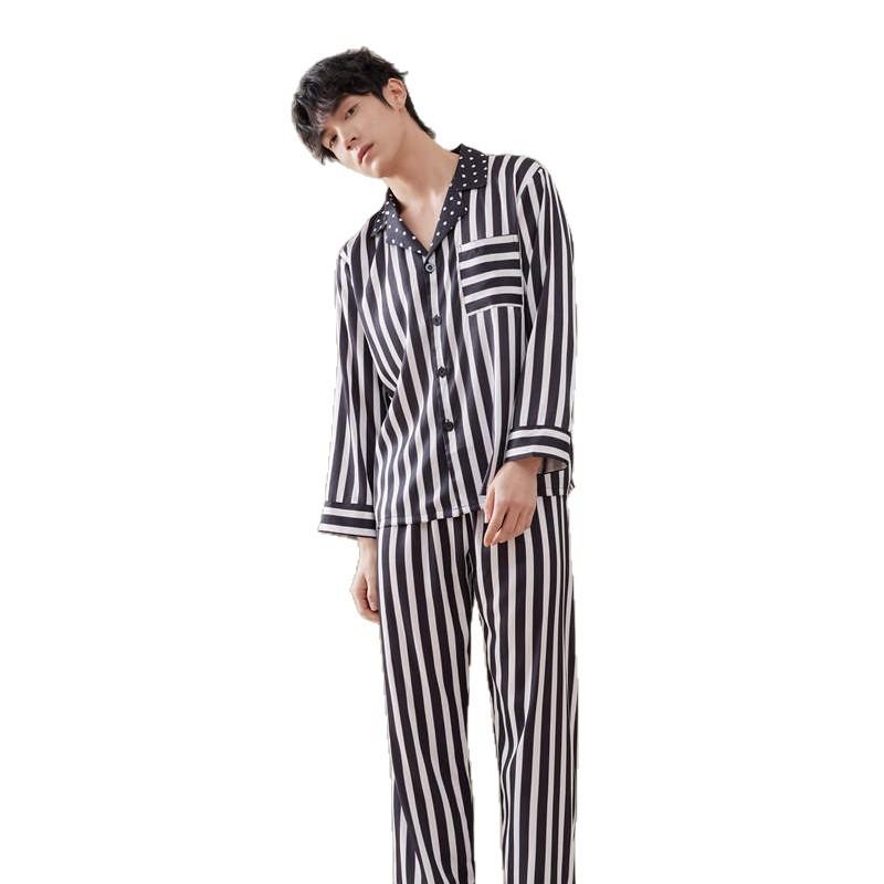 Temperament satin couple pajamas autumn new high-end striped loungewear men's thin loose pajamas