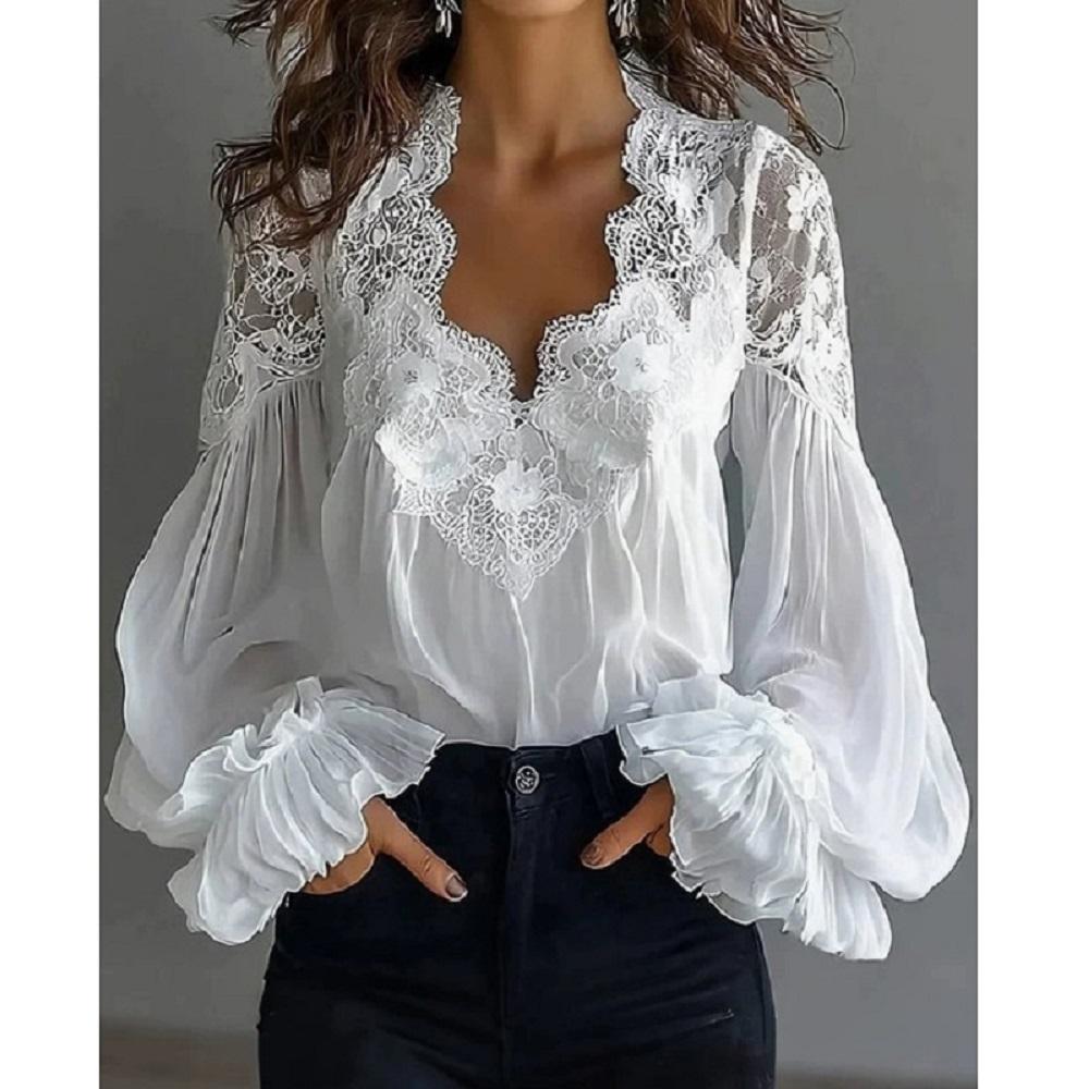 Women Lace Blouses and Shirts Ladies Puff Sleeve V-neck Tops Shirts