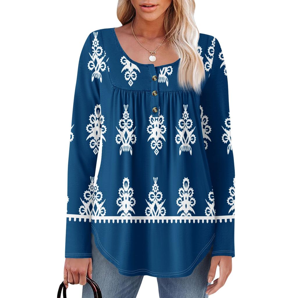 Женская туника с длинным рукавом, свободные топы, повседневные топы оверсайз, плиссированная туника, застегивающаяся на пуговицы, повседневные женские топы с принтом