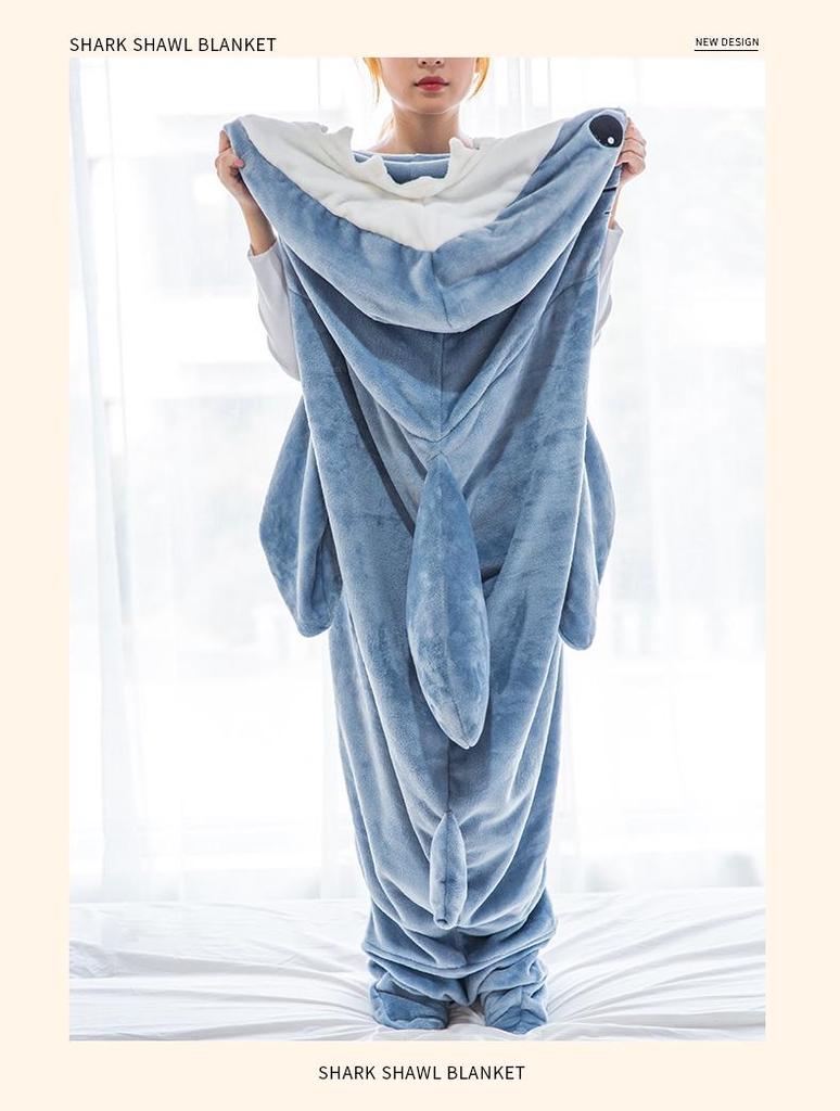 Спальный мешок с капюшоном Shark Flannel: Милое мультяшное цельное пижамное одеяло
