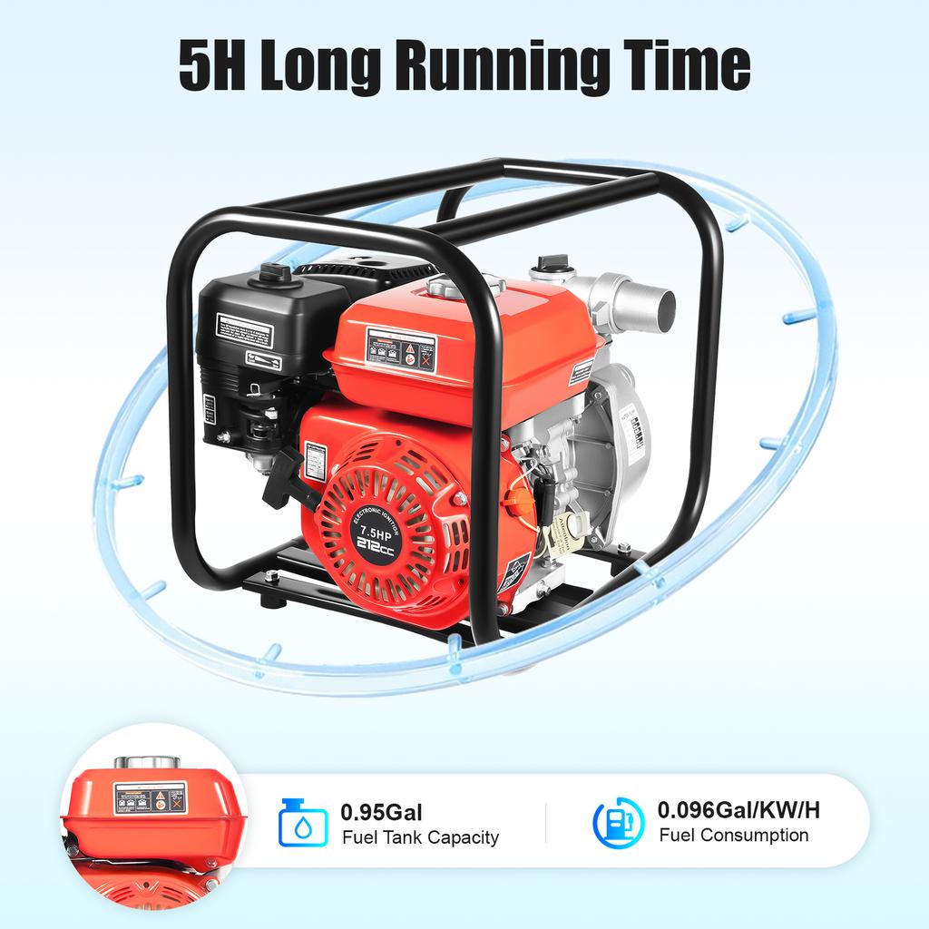 7.5HP Trash Water Transfer Pump - 212cc 4-Stroke Gas Powered Irrigation Pump 2" Port with  23ft Suction & Hose