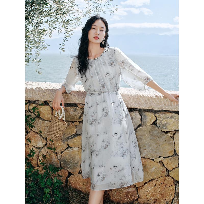 [Silk Thread Entering Summer] Jiuzi Anna Kou Ink Printed Mulberry Silk Dress for Women, 2026 Summer New Collection
