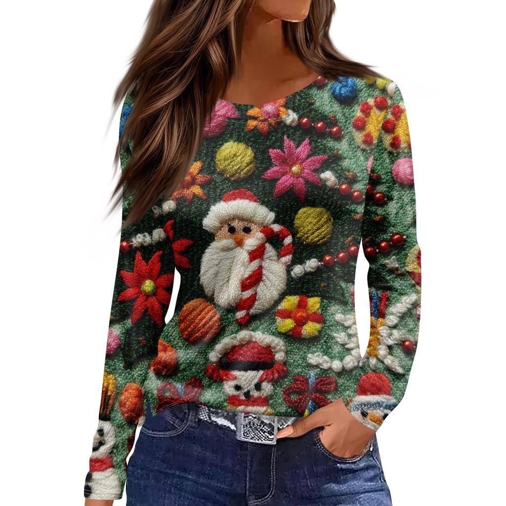 Женская мода повседневный топ с разрезом по низу и рождественским принтом с круглым вырезом и длинными рукавами