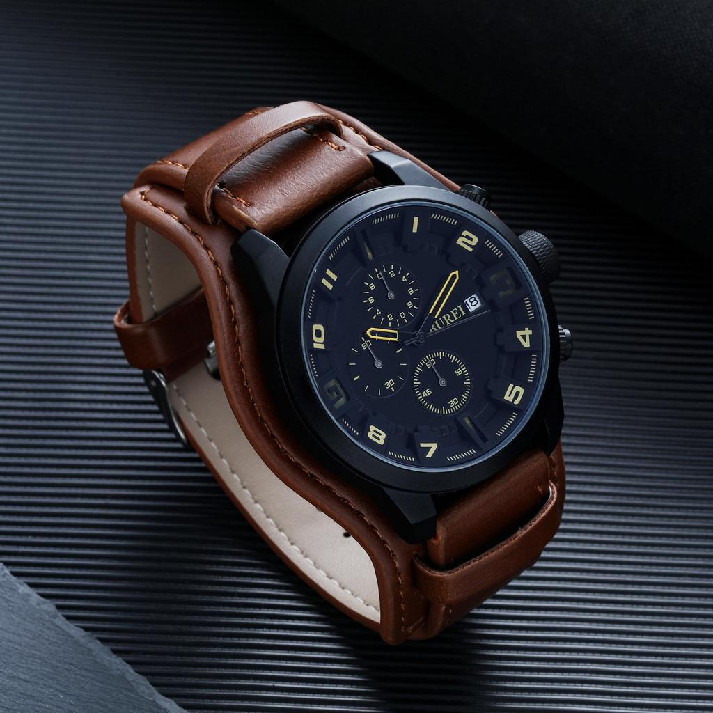 Watch Analog Waterproof Simple Male Brown Leather Strap Clock Japanese Battery [Baosho] Men's