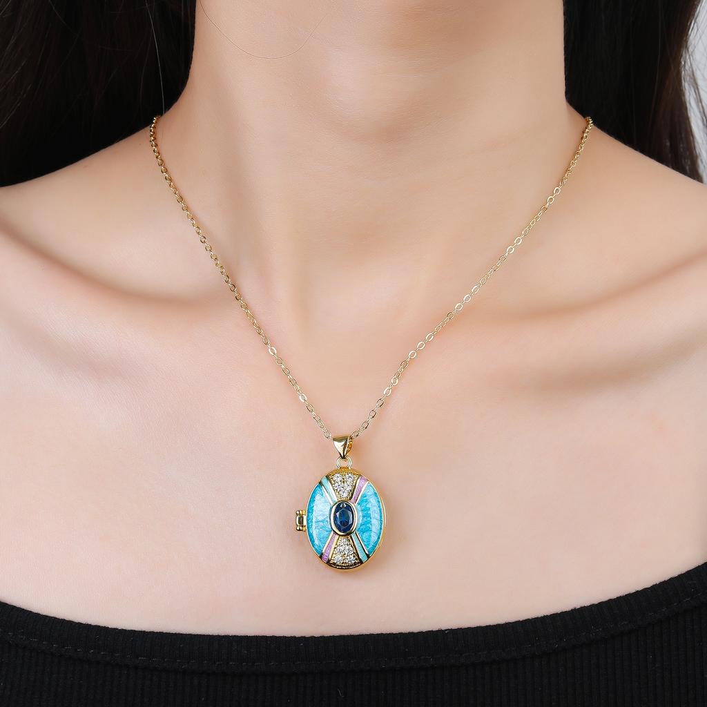 New Design Openable Oval Enamel Art Zircon Pendant Necklace Photo Box Fashion for Women Girls Party Jewelry Friendship Gift