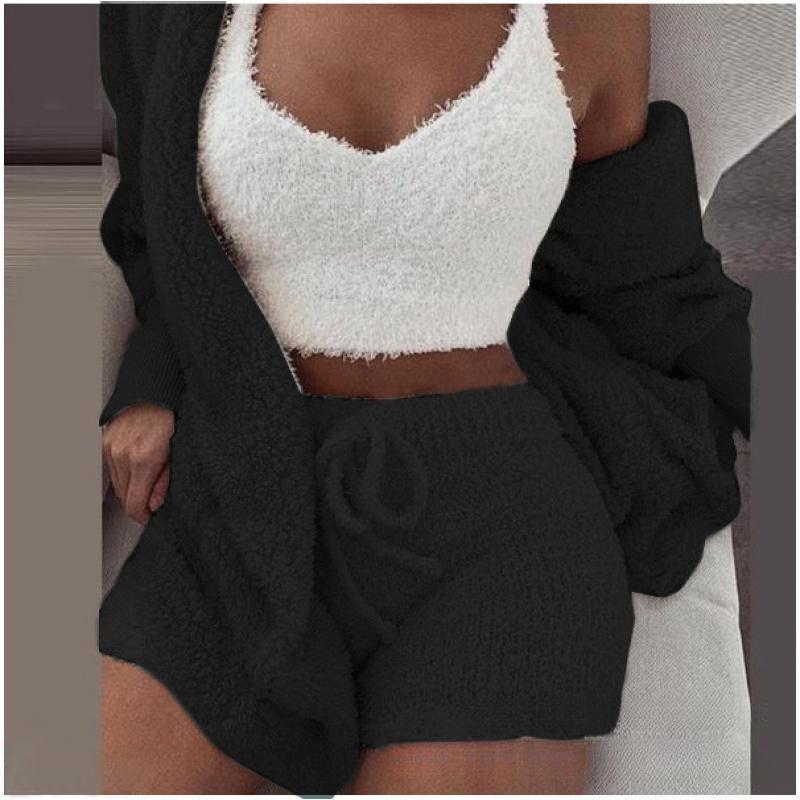 Women's Winter Plush Home Clothes Casual 2-Piece Pajamas Long-Sleeved Shorts Sports Suit for Women