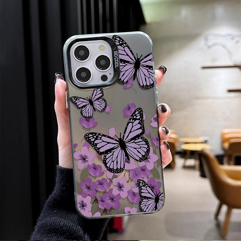 Purple flower butterfly Phone case iPhone 15 Pro Max 11 12 13 16 14 Plus Silicone Shockproof Case Lens protector shell